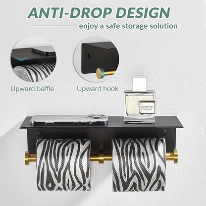 APLusee Double Toilet Paper Holder with Phone Shelf Black & Gold, 304 Stainless Steel Tissue Paper Roll Storage Dispenser, Wall Mounted