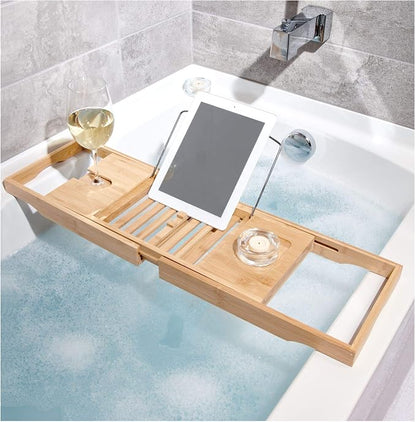 InterDesign Formbu Bathtub Caddy with Reading Tray, Wine, Tablet and Phone Holder - Natural