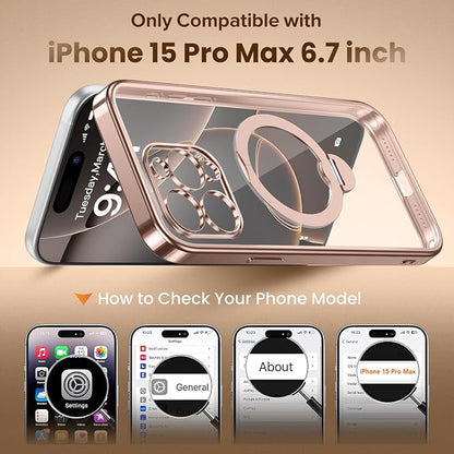 Desert Titanium for iPhone 15 Pro Max Case With 360° Spin Magnetic Stand,[Compatible With Magsafe] [Military Protection][Built-in Ring Holder]Shockproof Phone Case for 15 Pro Max,Rose Gold/Clear
