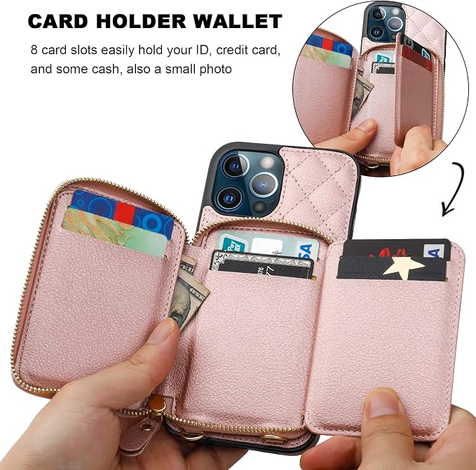 Bocasal Crossbody Wallet Case for iPhone 12 Pro Max, RFID Blocking PU Leather Zipper Handbag Purse Flip Cover, Kickstand Folio Case with Card Slots Holder Wrist Strap Lanyard 5G 6.7 Inch (Rose Gold)