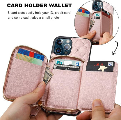 Bocasal Crossbody Wallet Case for iPhone 13 Pro Max, RFID Blocking PU Leather Zipper Handbag Purse Flip Cover, Kickstand Folio Case with Card Slots Holder Wrist Strap Lanyard 5G 6.7 Inch (Rose Gold)