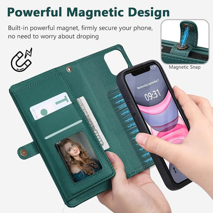 Wallet Case for iPhone 11 with Card Holder/Crossbody Wallet/Strap| RFID Blocking | Magnetic | Kickstand | Detachable | PU Leather Phone Case for iPhone 11,6.1 in,Green