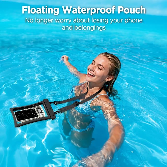 CACOE [Floatable Floating Universal IPX8 Waterproof Phone case 2 Pack-Up to 10.0",Adjustable Lanyard Phone Pouch,Cellphone Dry Bags for Vacation Beach Pool Kayak Cruise Travel Essentials（Black+Black）
