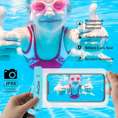 ProCase Waterproof Phone Pouch for iPhone 17 Air 16 15 14 13 12 11 Pro Plus Max Mini Xs XR X 8 7 Galaxy S23 S22 S21 Ultra Note Black Underwater Case, up to 7" -Blue/Green/Pink/Yellow