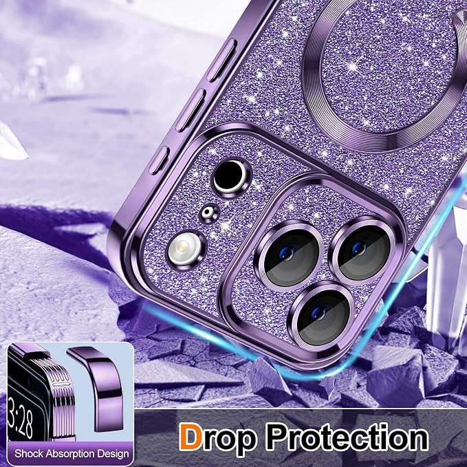 Hython for iPhone 17 Pro Max Case Glitter Clear Magnetic Phone Cases [Compatible with MagSafe] Full Camera Lens Protector Sparkle Luxury Plating Slim Shockproof Protective Cover Women, Purple