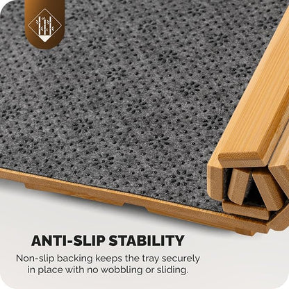 Bamboo Sofa Arm Tray Table with Cup Holder & 2 Cork Coasters, Phone Slot & Charging Cable Holder, Foldable Couch Arm Tray with Non Slip Base, Couch Cup Holder for Drinks, Remote, Snacks
