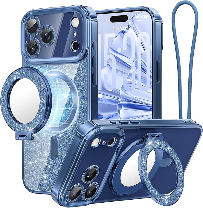 Meifigno Case Designed for iPhone 17 Pro 6.3 Inch with Removable Phone Ring Stand, [Glitter Card & Wrist Strap] [MagSafe Compatible] [Built-in Mirror] Phone Ring Stand + Phone Case Kit, Blue
