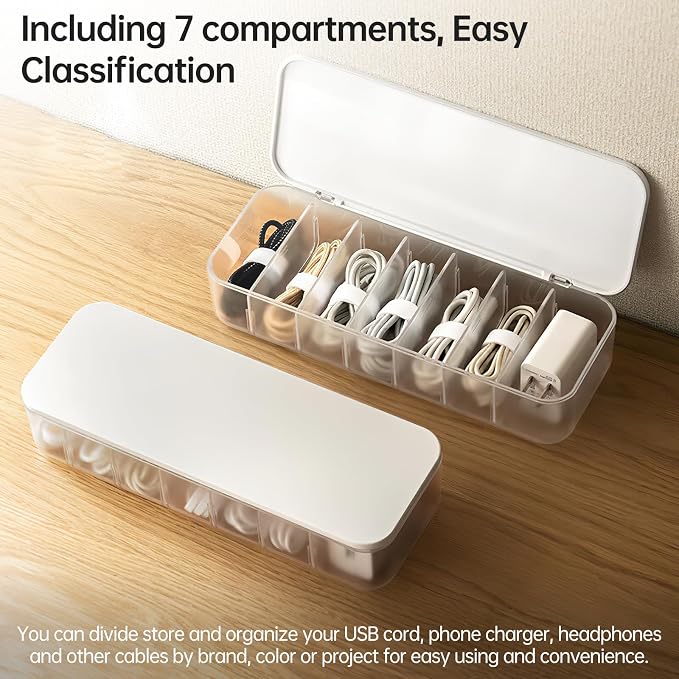 PAVSTINE 2 Pcs Cable Organizer Storage Box with Lid, 14 Wire Ties, White | Adjustable Dividers, Holds Power Cords & Charger, Dust-Proof, Desktop Accessories & Stationery Storage for Home & Office