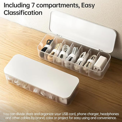 PAVSTINE 2 Pcs Cable Organizer Storage Box with Lid, 14 Wire Ties, White | Adjustable Dividers, Holds Power Cords & Charger, Dust-Proof, Desktop Accessories & Stationery Storage for Home & Office