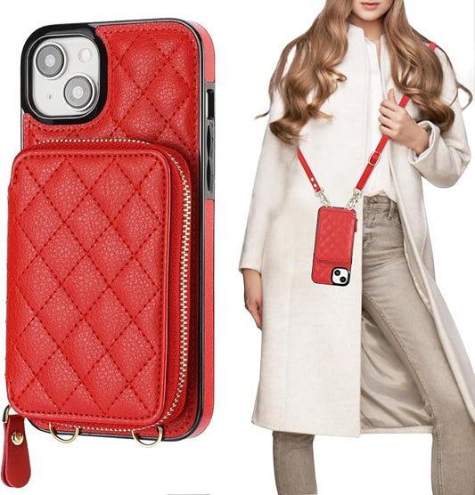 Bocasal Crossbody Wallet Case for iPhone 15 Plus, RFID Blocking PU Leather Zipper Handbag Purse Flip Cover, Kickstand Folio Case with Card Slots Holder Wrist Strap Lanyard 5G 6.7 Inch (Red)