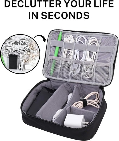 Waterproof Electronics Accessories Organizer Case - Double Layer Cable Organizer Bag for Travel, Chargers, Cords, Digital Device Storage - Black