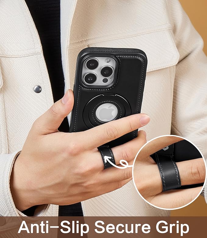 for iPhone 13 Pro Leather Case with Stand, Anti-Slip Grip Ring, Fits for MagSafe (Black, iPhone 13 Pro)