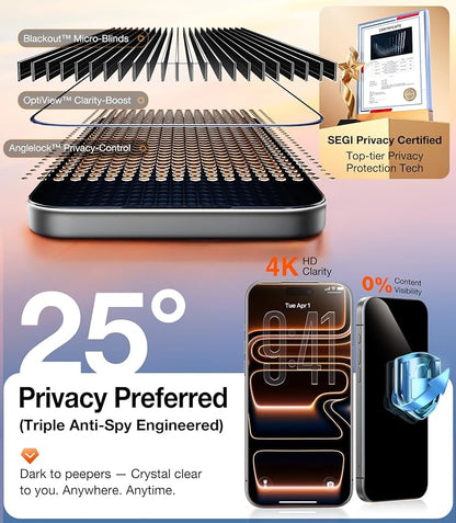 UltraGlass TOP 9H+ Armor for iPhone 15 Pro Privacy Screen Protector [NO.1 Military Grade Shatterproof] Screen Protector 15 Pro Tempered Glass [100% Anti-Spy], Longest Durable, 2 Pack