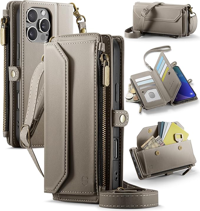 Strapurs Wallet Case Compatible with iPhone 16 Pro Max 6.9" RFID Blocking 10-Card Holder Soft PU Leather Magnetic Snap Shoulder Strap Zipper Pocket Phone Case Fit for iPhone 16 Pro Max - Grey