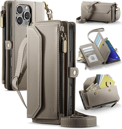 Strapurs Wallet Case Compatible with iPhone 16 Pro Max 6.9" RFID Blocking 10-Card Holder Soft PU Leather Magnetic Snap Shoulder Strap Zipper Pocket Phone Case Fit for iPhone 16 Pro Max - Grey