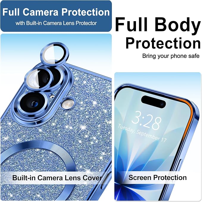 Hython for iPhone 17 Case Glitter Clear Magnetic Phone Cases [Compatible with MagSafe] Full Camera Lens Protector Sparkle Luxury Plating Slim Shockproof Protective Cover Women, Deep Blue