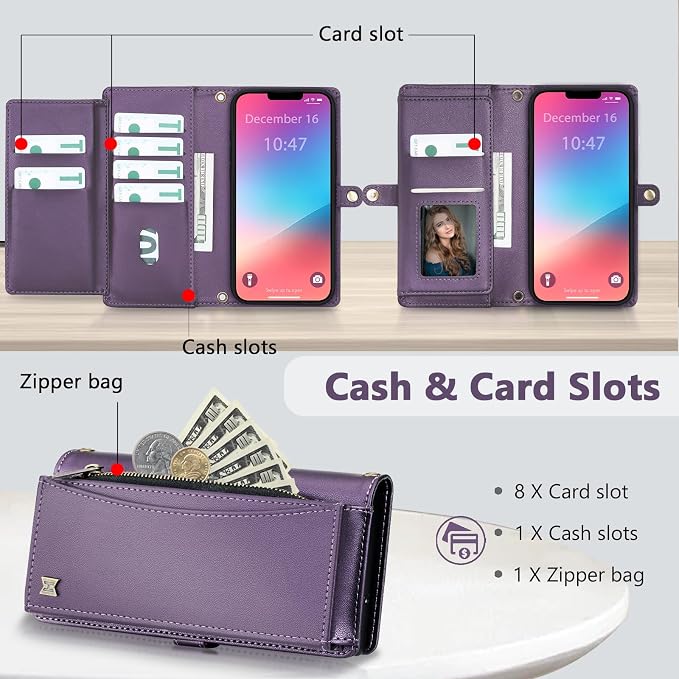 Wallet Case for iPhone 13 Pro Max with Card Holder/Crossbody Wallet/Strap| RFID Blocking | Magnetic | Kickstand | Detachable | PU Leather Phone Case for iPhone 13 Pro Max,6.7 in,Purple