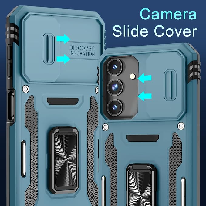 DEERLAMN Case for Samsung Galaxy A15 5G with Slide Camera Cover+Screen Protector (1 Pack), Rotated Ring Kickstand Military Grade Shockproof Protective Cover-Light Blue