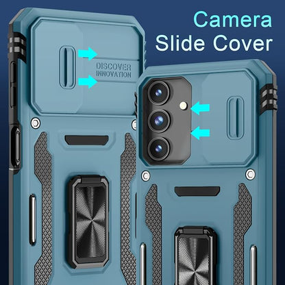 DEERLAMN Case for Samsung Galaxy A15 5G with Slide Camera Cover+Screen Protector (1 Pack), Rotated Ring Kickstand Military Grade Shockproof Protective Cover-Light Blue