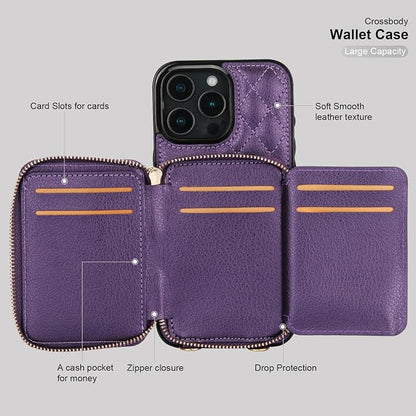 Bocasal Crossbody Wallet Case for iPhone 16 Pro Max, RFID Blocking PU Leather Zipper Handbag Purse Flip Cover, Kickstand Folio Case with Card Slots Holder Wrist Strap Lanyard 5G 6.9 Inch (Dark Purple)
