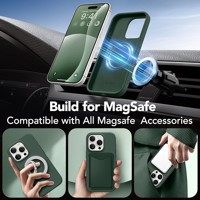 GONEZ Magnetic for iPhone 15 Pro Case, Compatible with MagSafe, [Screen Protector + Camera Lens Protector], Silicone Shockproof Anti-Scratch Protective Phone Case 6.1 inch, Dark Green