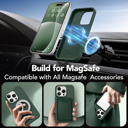 GONEZ Magnetic for iPhone 15 Pro Case, Compatible with MagSafe, [Screen Protector + Camera Lens Protector], Silicone Shockproof Anti-Scratch Protective Phone Case 6.1 inch, Dark Green