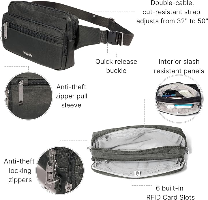 Baggallini Securtex Anti-theft Belt Bag 8.8"x5.5" Crossbody Fanny Pack for Women RFID Wallet Locking Zipper Travel Purse