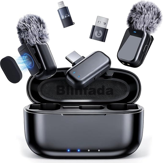 Mini Wireless Lavalier Microphone for iPhone Android Camera, Dual Channel Wireless Microphones with AI Noise Cancellation, 328ft Range, 36H Battery Case, Type-C, Lightning & USB Plug & Play