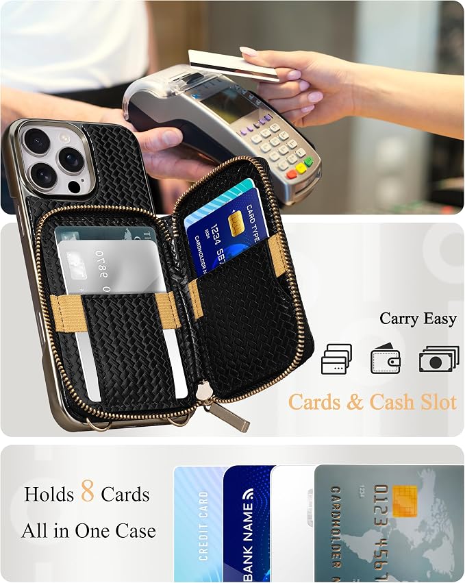 Keallce Wallet Case for iPhone 16 Pro Max 6.9", Crossbody Zipper Purse with Wristlet Strap, RFID Blocking Card Holder Kickstand, Woven Leather Case Electroplating Process for Women (Black)