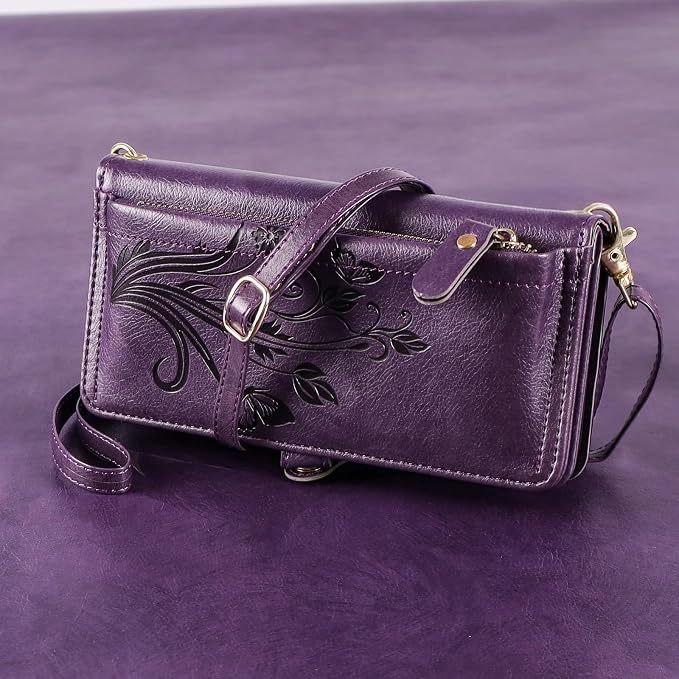 Lacass for iPhone 16 Pro Max Case Wallet,[Cards Theft Scan Protection] Card Holder Zipper Leather Flip Cover Crossbody Wrist Strap with Stand (Floral Dark Purple)