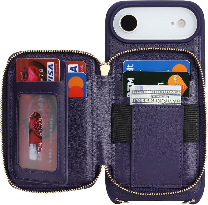 Crossbody Wallet Case for iPhone Air, PU Leather Zipper Handbag Purse Flip Cover, Kickstand Folio Case with Card Slots Holder Wrist Strap Lanyard 5G 6.5 Inch-Purple