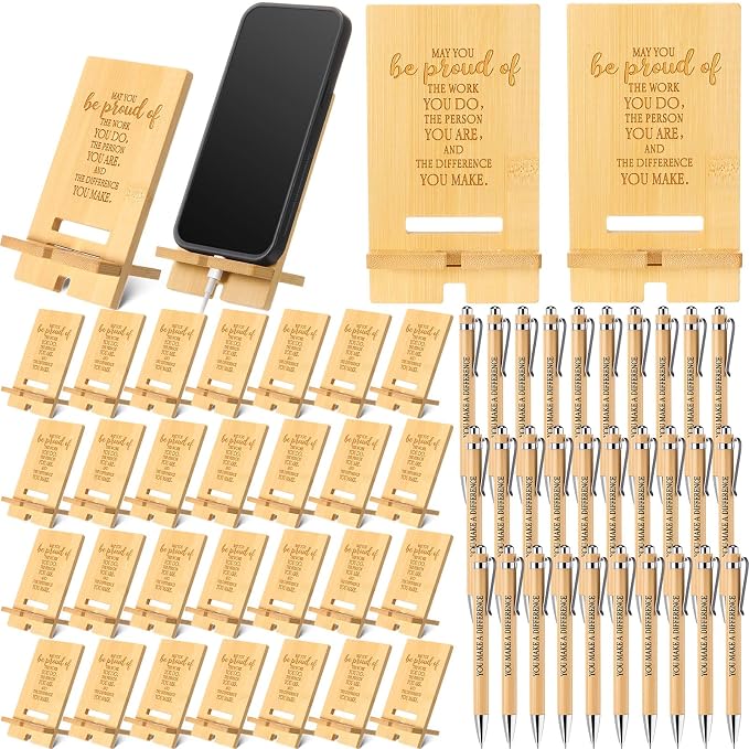 Ripeng 30 Sets Employee Appreciation Gifts Bulk Bamboo Phone Stands with Ballpoint Pens for Desk Office Workers Thank You Gift for Team Coworkers Staff Volunteer Nurse Teacher Colleagues