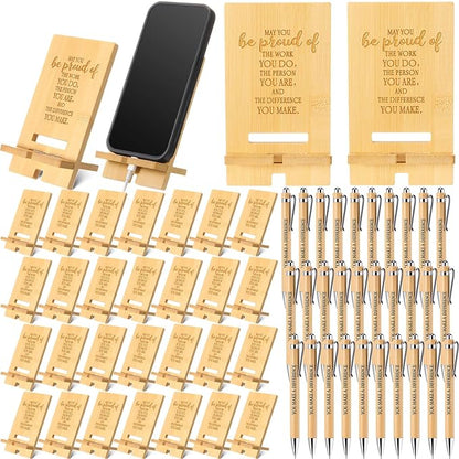 Ripeng 30 Sets Employee Appreciation Gifts Bulk Bamboo Phone Stands with Ballpoint Pens for Desk Office Workers Thank You Gift for Team Coworkers Staff Volunteer Nurse Teacher Colleagues