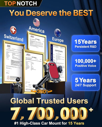 HTU 2026 Ultimate Best【True Military-Grade & Safety Cert】Car Phone Holder【Upgraded 360 Rotation & 100+LBS Strongest Suction】5-in-1 Truck Windshield Dashboard Vent Mount Stand for iPhone Android, Red