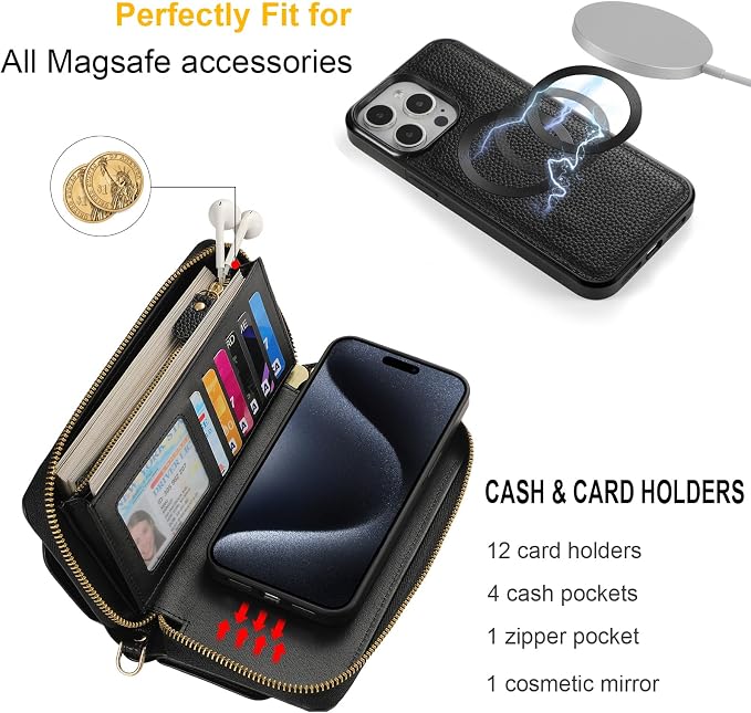 Crossbody Wallet Case for iPhone 16 Pro 6.3", Magnetic Detachable Floral PU Leather Phone Case with RFID Blocking Card Holder Wristlet Mirror Flip Zipper Shoulder Purse for Women - Black B