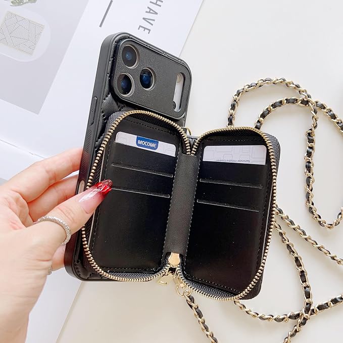 Compatible with iPhone 17 Pro Max Case Wallet for Women, Stylish Crossbody Wallet Case with Detachable Chain Strap&Card Slots Holder, Quilted PU Leather Kickstand Phone Cases for iPhone,6.9 inch