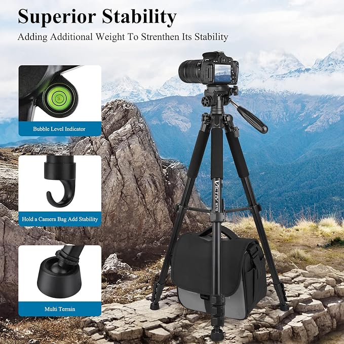 VICTIV 74” Camera Tripod, Tripod for Camera and Phone, Aluminum Professional Tripod Stand for Canon Nikon with Carry Bag and Phone Holder, Compatible with DSLR, iPhone, Spotting Scopes, Max Load 9.5Lb