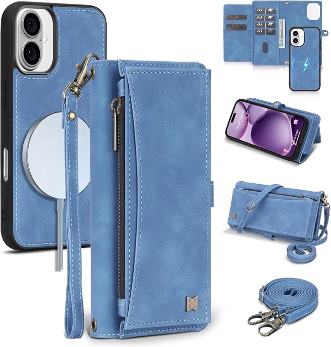 Wallet Case for iPhone 16 Plus with Card Holder/Crossbody Wallet/Strap| RFID Blocking | Magnetic | Kickstand | Detachable | PU Leather Phone Case for iPhone 16 Plus,6.7 in,Sky Blue