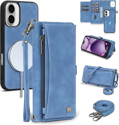 Wallet Case for iPhone 16 Plus with Card Holder/Crossbody Wallet/Strap| RFID Blocking | Magnetic | Kickstand | Detachable | PU Leather Phone Case for iPhone 16 Plus,6.7 in,Sky Blue