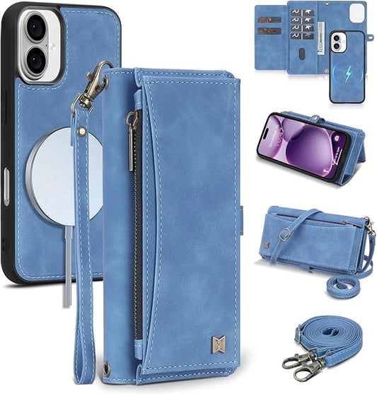 Wallet Case for iPhone 16 Plus with Card Holder/Crossbody Wallet/Strap| RFID Blocking | Magnetic | Kickstand | Detachable | PU Leather Phone Case for iPhone 16 Plus,6.7 in,Sky Blue