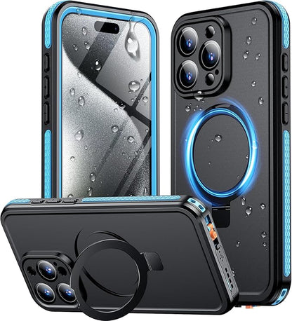 Temdan Magnetic for iPhone 15 Pro Case Waterproof, [Built-in Ring Invisible Stand & Screen Protector][IP68 Underwater][Dropproof][Dustproof][Real 360] Shockproof Protective Phone Case 6.1'' -Blue