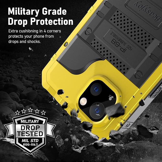 Beasyjoy for iPhone 13 Case Waterproof, Metal Phone Case with Built-in Screen Protector, Heavy Duty Full Body Protective Military Grade Shockproof Rugged Defender Cover 6.1 Inch, Yellow