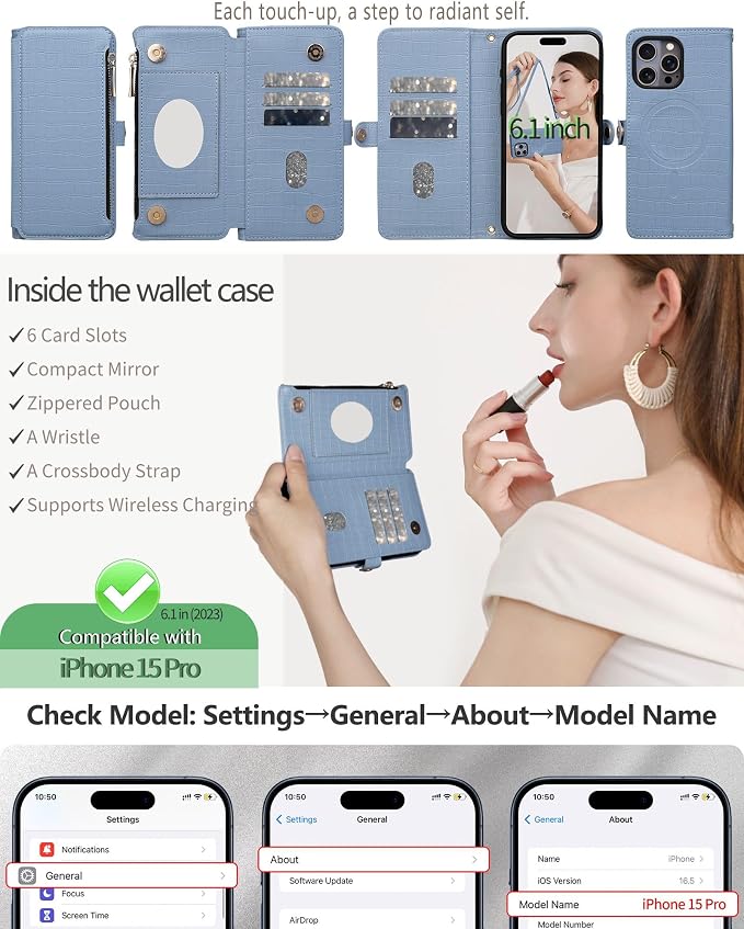 Crossbody Wallet Case for iPhone 15 Pro with Mirror, Wrist Strap, Zipper Purse Magnetic Flip RFID Blocking Card Holder, Wireless Charging, PU Leather Shockproof 6.1" Women (Blue)