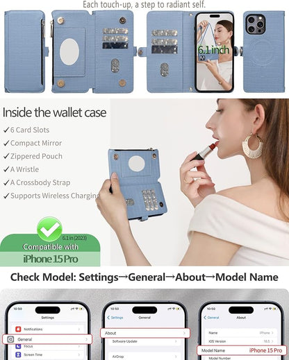 Crossbody Wallet Case for iPhone 15 Pro with Mirror, Wrist Strap, Zipper Purse Magnetic Flip RFID Blocking Card Holder, Wireless Charging, PU Leather Shockproof 6.1" Women (Blue)