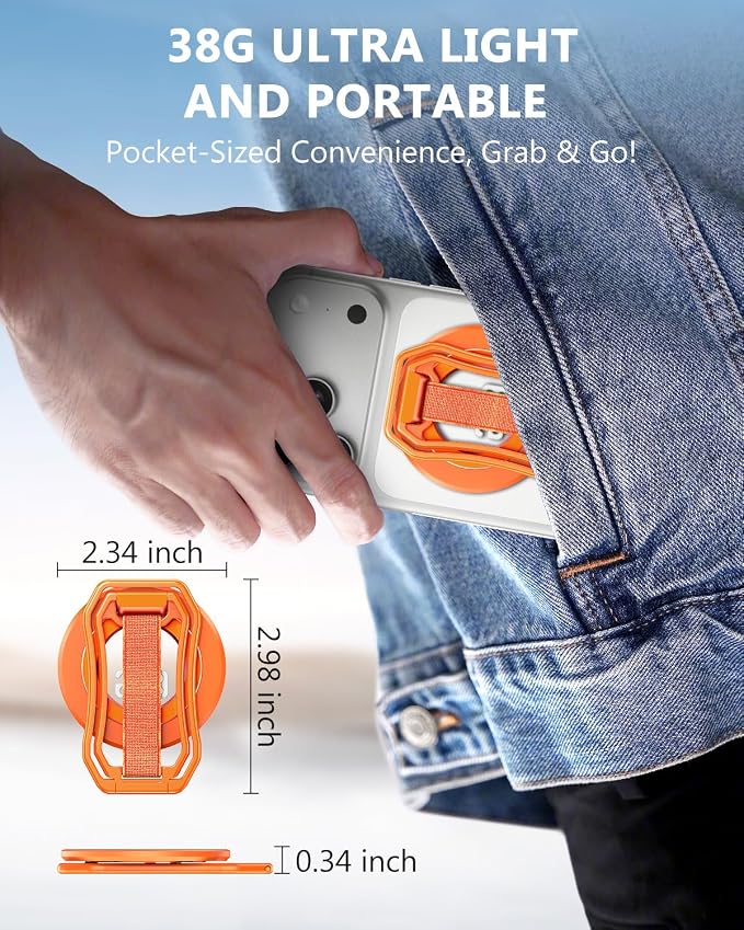 Oerwin for Magsafe Phone Grip Stand, 6-in-1 Magnetic Phone Holder for Magsafe Kickstand, 360° Rotation Phone Ring Holder with Elastic Strap, Compatible with iPhone 17/16/15/14/13/12 Series & Android