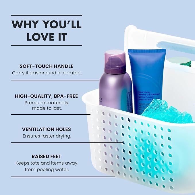 madesmart Large Portable Shower Caddy, Hold Soap, Shampoo, Hair Supplies and Beauty Products, Cleaning Supplies Organizer for Home, Dorm, Plastic Shower Tote, Soft Handle, Blue