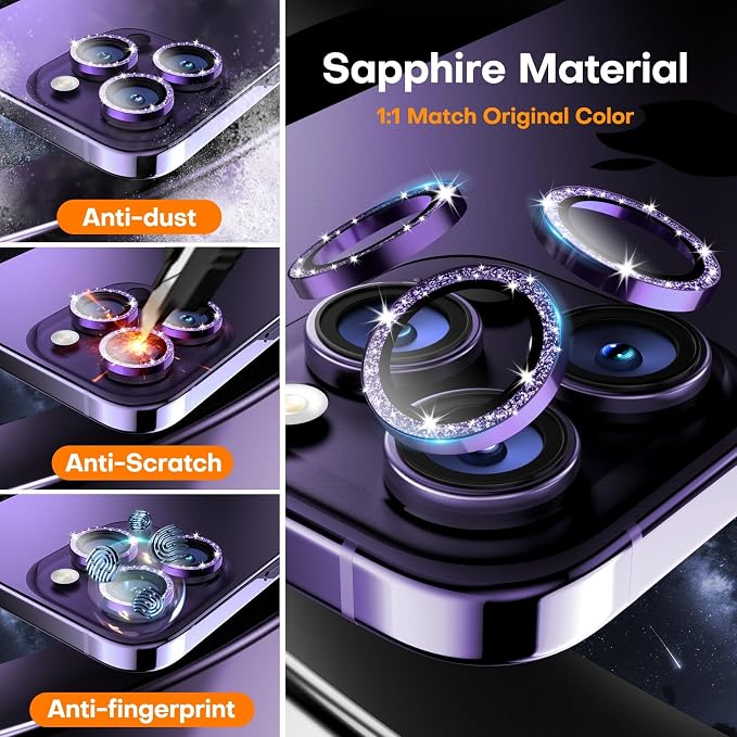Camera Lens Protector for iPhone 17 Pro Max/17 Pro/16 Pro Max/16 Pro/15 Pro Max/15 Pro/14 Pro Max/14 Pro, Tempered Glass Metal Individual Cover[Anti-drop] Case Friendly-Glitter Deep Purple