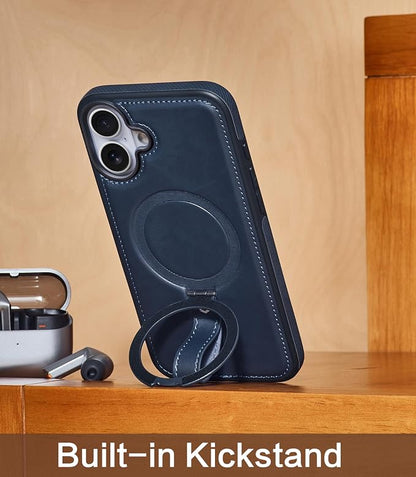 for iPhone 17 Leather Case with Stand, Anti-Slip Grip Ring, Fits for MagSafe (Blue, iPhone 17)
