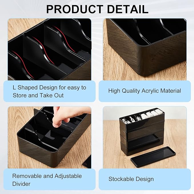 Tatuo 4 Pcs Cord Organizer for Drawer Desktop, Cable Organizer Box with 8 Compartments and Wire Ties, Plastic Charger Storage with Lid, Electronics Case for Home Office Accessories (Small,Black)