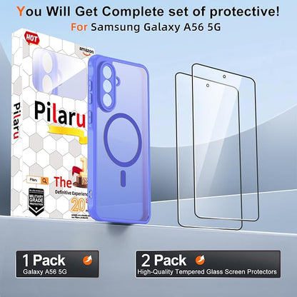 Compatible for Samsung Galaxy A56 5G Phone Case: A56 Case with 2PC Tempered Glass Screen Protector, Wireless Charging Matte Translucent Soft-Touch & Full Body Shockproof para Case Galaxy A56,Sky Blue